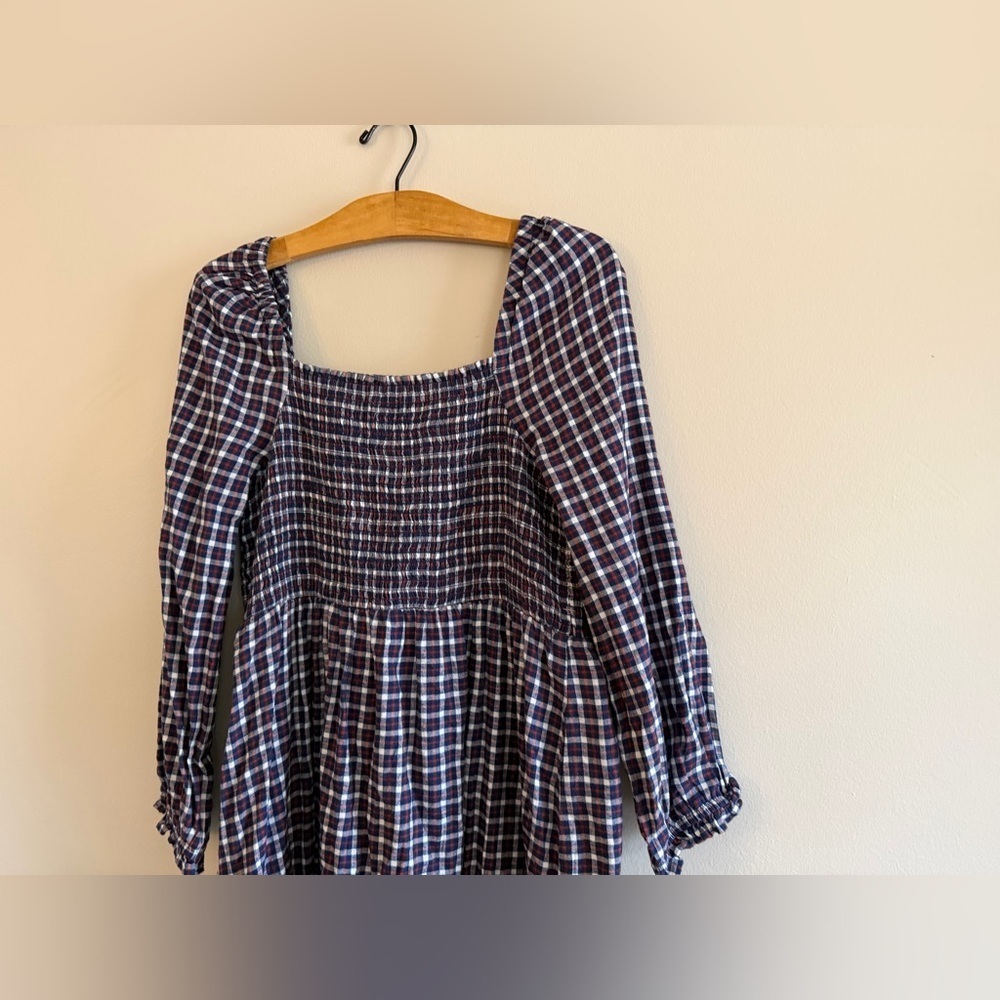J Crew Womens Dress Plaid Flannel Cottage Puff Sleeve Smocked Midi Navy Size L - Picture 10 of 14